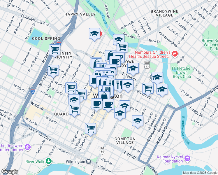 map of restaurants, bars, coffee shops, grocery stores, and more near 5 West 10th Street in Wilmington