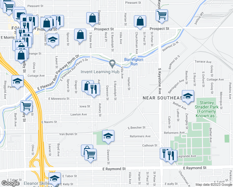 map of restaurants, bars, coffee shops, grocery stores, and more near 1625 South Randolph Street in Indianapolis