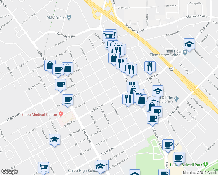 map of restaurants, bars, coffee shops, grocery stores, and more near 466 East 6th Avenue in Chico