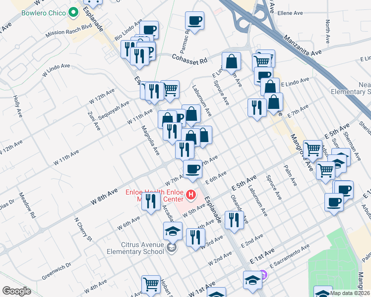 map of restaurants, bars, coffee shops, grocery stores, and more near 1810 Esplanade in Chico