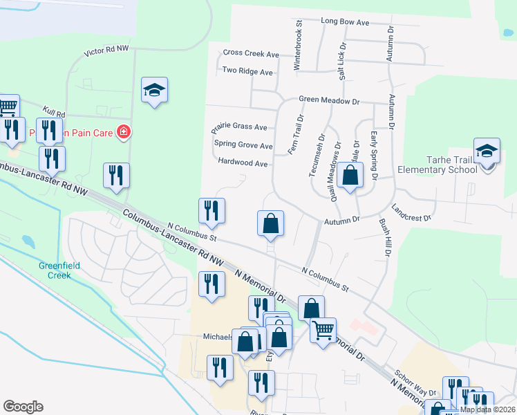 map of restaurants, bars, coffee shops, grocery stores, and more near 1555 Deer Run Place in Lancaster