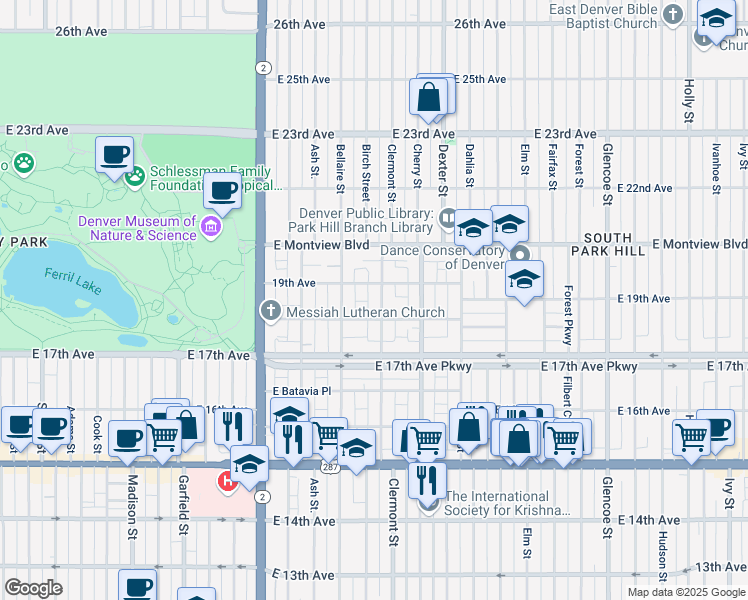 map of restaurants, bars, coffee shops, grocery stores, and more near 1833 Clermont Street in Denver