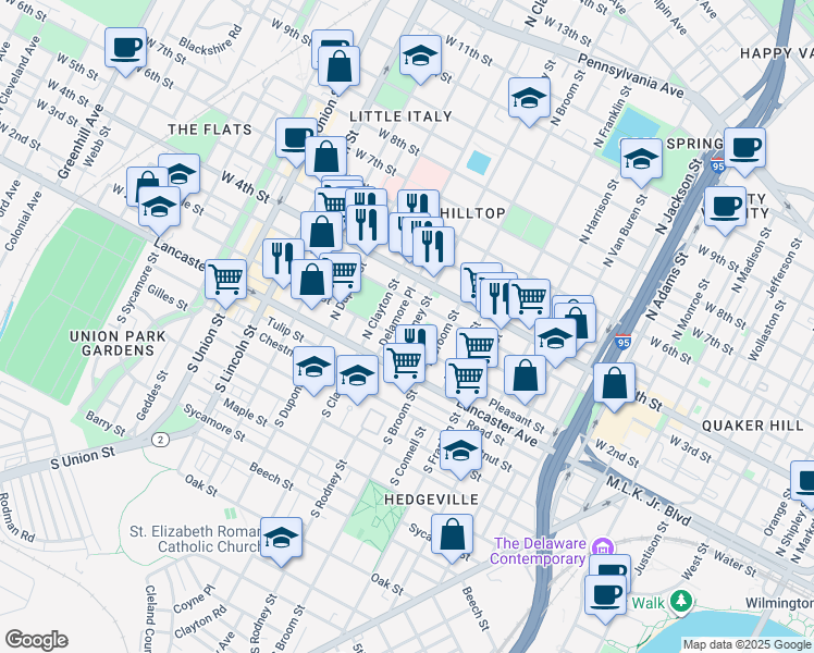 map of restaurants, bars, coffee shops, grocery stores, and more near 200 Delamore Place in Wilmington