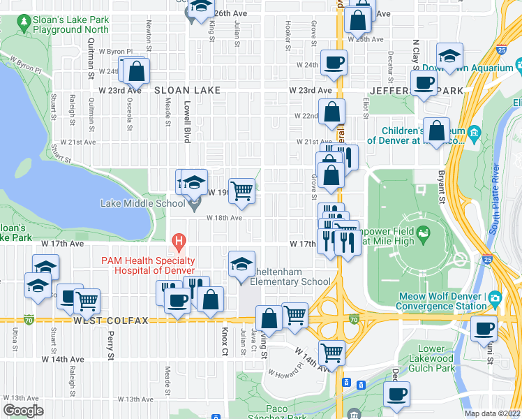 map of restaurants, bars, coffee shops, grocery stores, and more near 1817 Irving Street in Denver