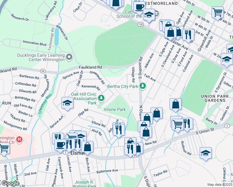 map of restaurants, bars, coffee shops, grocery stores, and more near 1303 Greenleaf Road in Wilmington