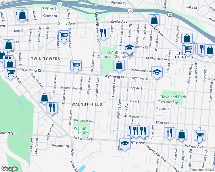 map of restaurants, bars, coffee shops, grocery stores, and more near 1044 Pritz Avenue in Dayton