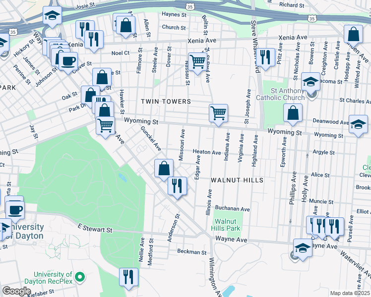 map of restaurants, bars, coffee shops, grocery stores, and more near 209 Heaton Avenue in Dayton