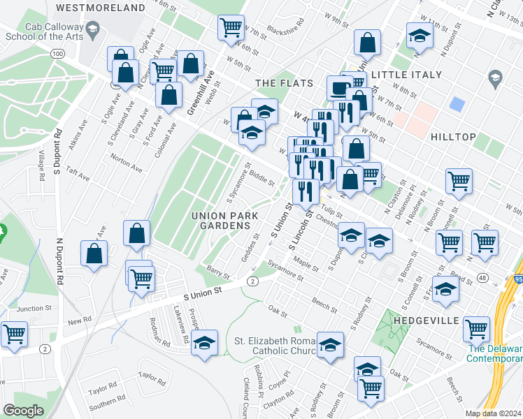 map of restaurants, bars, coffee shops, grocery stores, and more near 216 South Bancroft Parkway in Wilmington