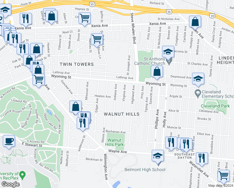 map of restaurants, bars, coffee shops, grocery stores, and more near 58 Indiana Avenue in Dayton