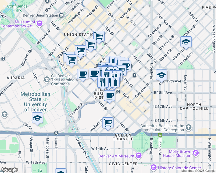 map of restaurants, bars, coffee shops, grocery stores, and more near 1531 Stout Street in Denver