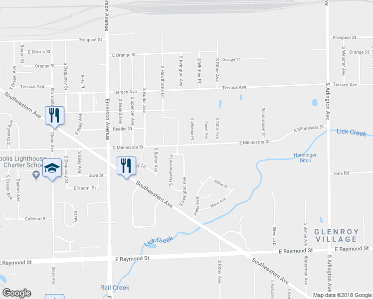 map of restaurants, bars, coffee shops, grocery stores, and more near 1723 South Irvington Avenue in Indianapolis