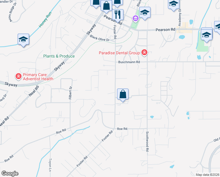 map of restaurants, bars, coffee shops, grocery stores, and more near 625 Wendy Way in Paradise