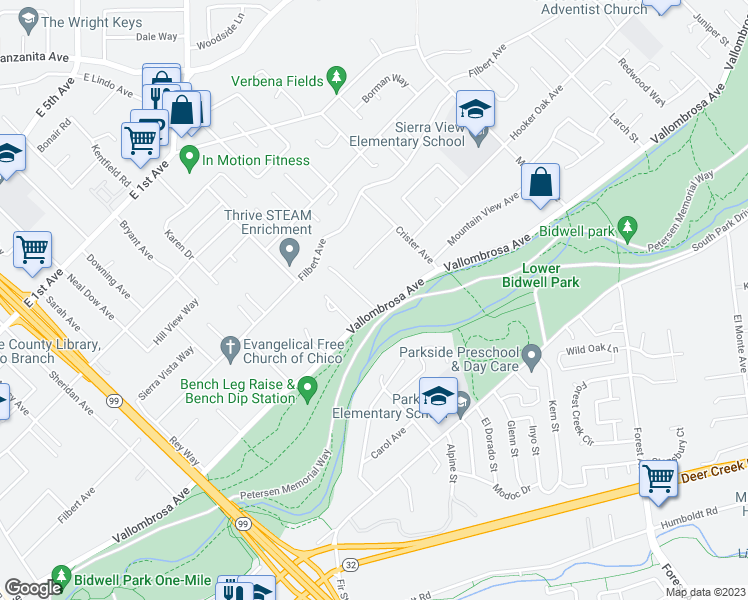 map of restaurants, bars, coffee shops, grocery stores, and more near 1364 Vallombrosa Avenue in Chico