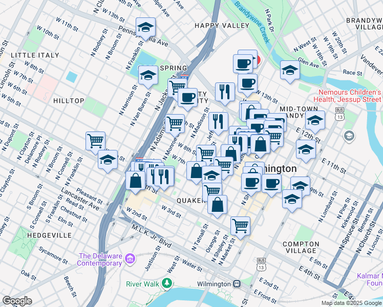 map of restaurants, bars, coffee shops, grocery stores, and more near 614 West 8th Street in Wilmington