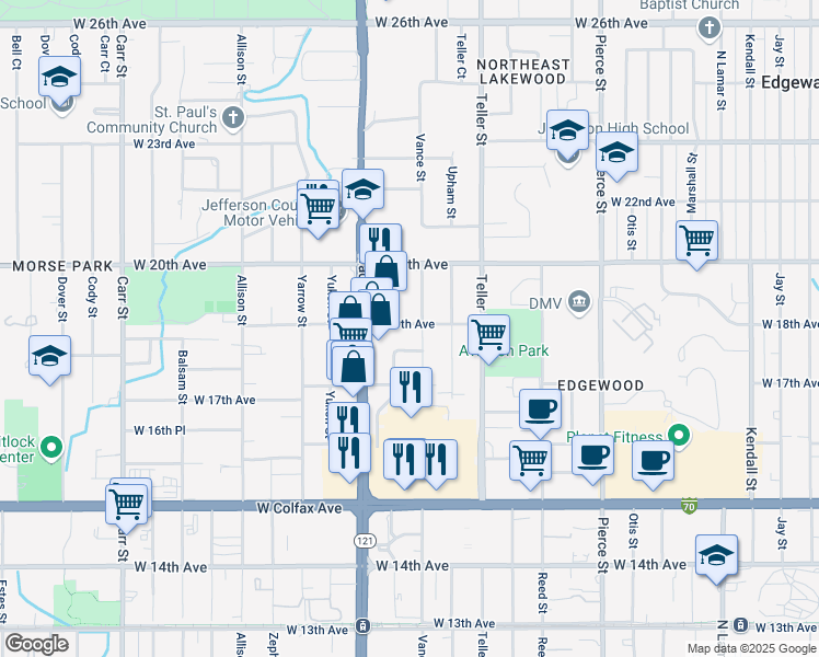 map of restaurants, bars, coffee shops, grocery stores, and more near 7420 West 19th Avenue in Lakewood