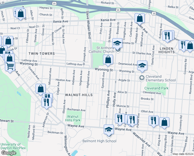 map of restaurants, bars, coffee shops, grocery stores, and more near 1042 Pritz Avenue in Dayton