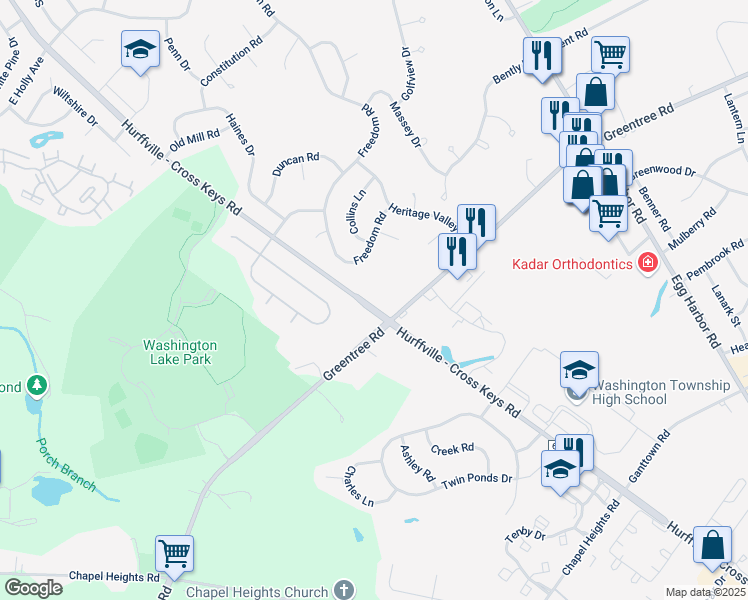 map of restaurants, bars, coffee shops, grocery stores, and more near 605 Hurffville - Cross Keys Road in Washington Township