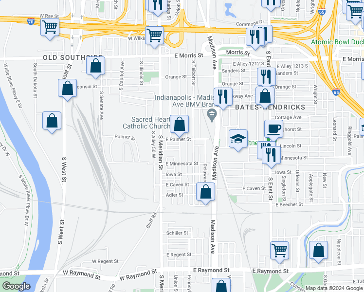 map of restaurants, bars, coffee shops, grocery stores, and more near 1613 Union Street in Indianapolis