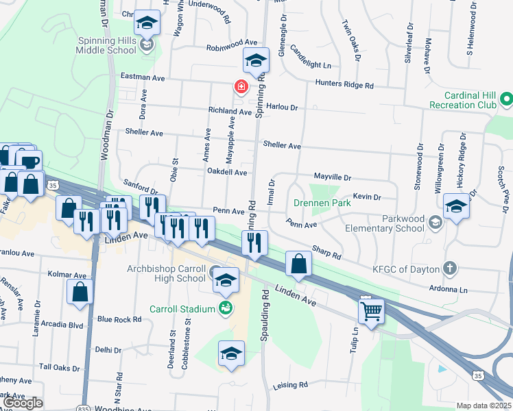 map of restaurants, bars, coffee shops, grocery stores, and more near 1198 Spinning Road in Dayton