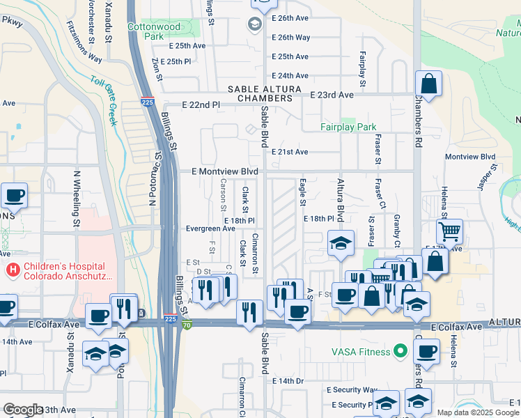 map of restaurants, bars, coffee shops, grocery stores, and more near 1837 Cimarron Street in Aurora