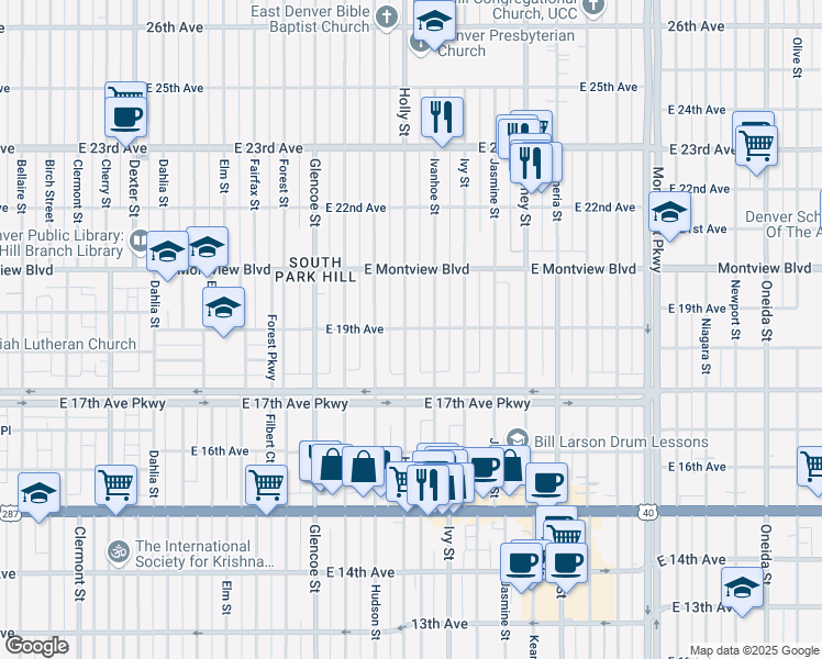 map of restaurants, bars, coffee shops, grocery stores, and more near 1792 Holly Street in Denver