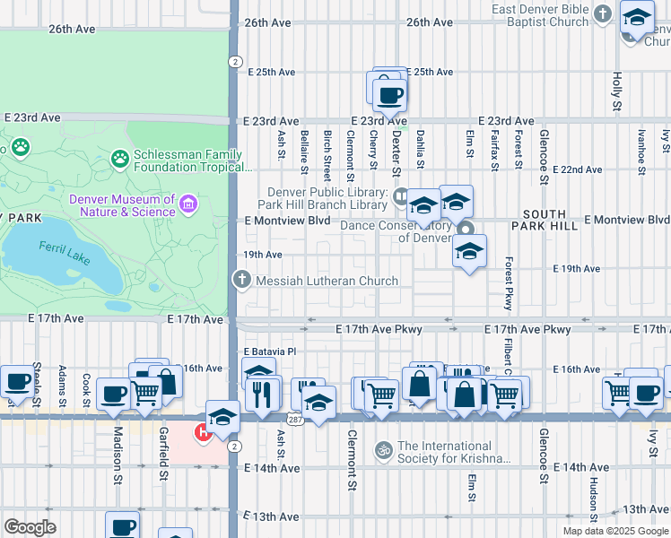 map of restaurants, bars, coffee shops, grocery stores, and more near 1833 Clermont Street in Denver