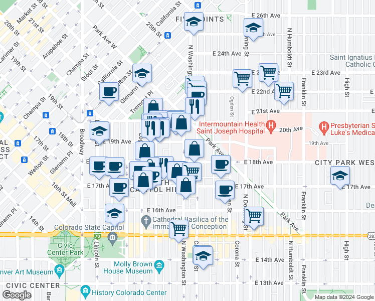map of restaurants, bars, coffee shops, grocery stores, and more near 601 East 18th Avenue in Denver