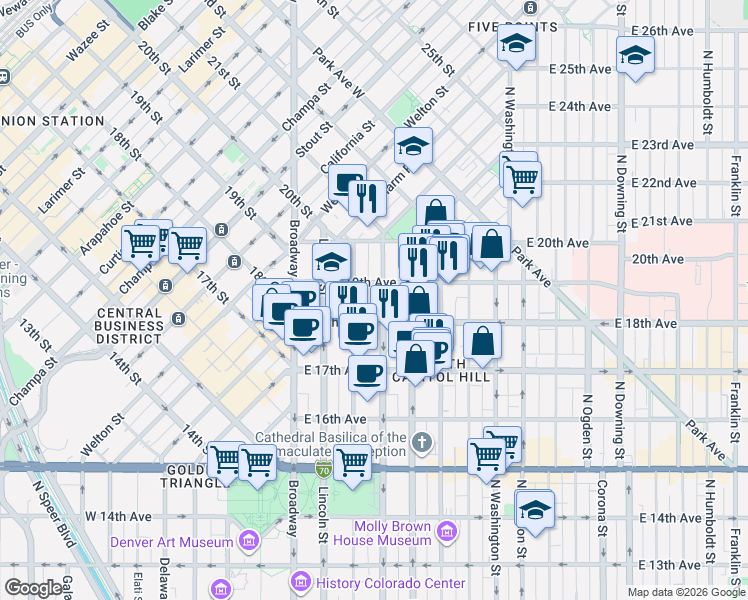 map of restaurants, bars, coffee shops, grocery stores, and more near 1827 North Grant Street in Denver
