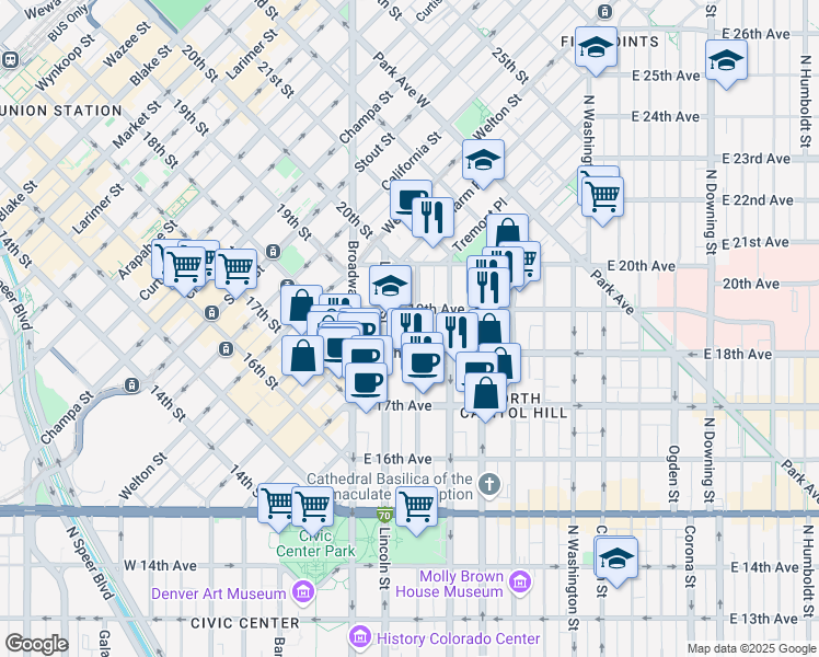 map of restaurants, bars, coffee shops, grocery stores, and more near 1845 Sherman Street in Denver