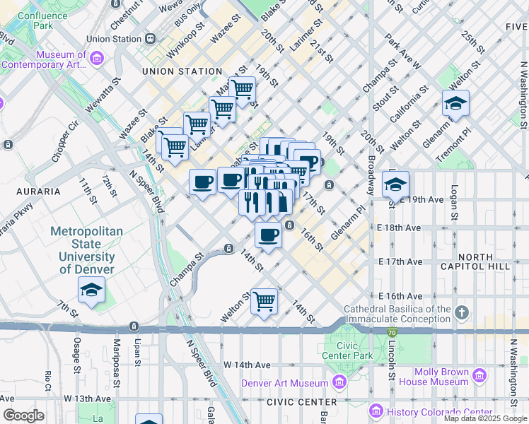 map of restaurants, bars, coffee shops, grocery stores, and more near 801 16th Street Mall in Denver