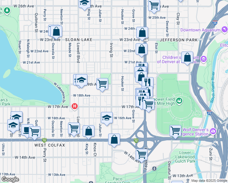 map of restaurants, bars, coffee shops, grocery stores, and more near 1817 Irving Street in Denver
