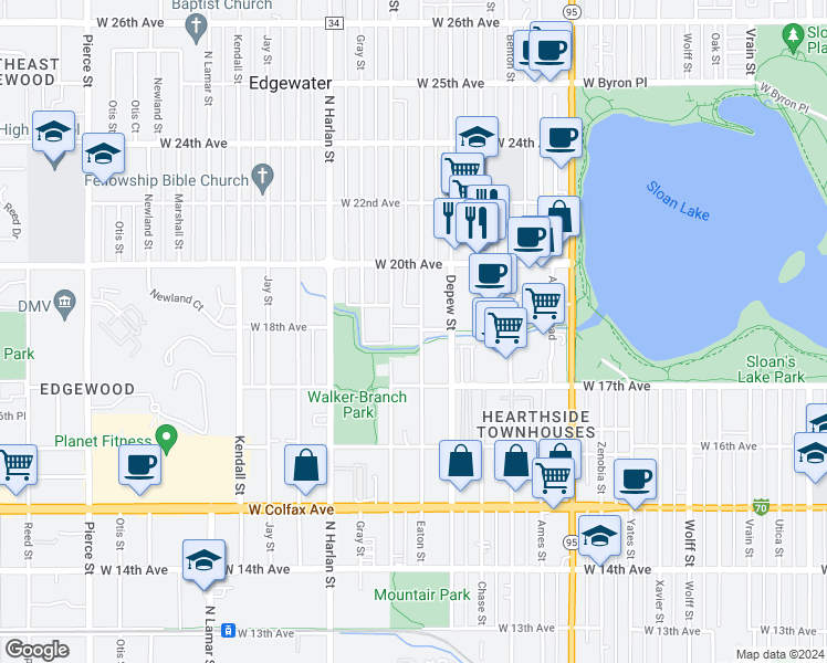 map of restaurants, bars, coffee shops, grocery stores, and more near 1800 Fenton Street in Lakewood