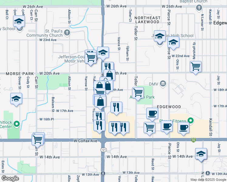 map of restaurants, bars, coffee shops, grocery stores, and more near 7420 West 19th Avenue in Lakewood