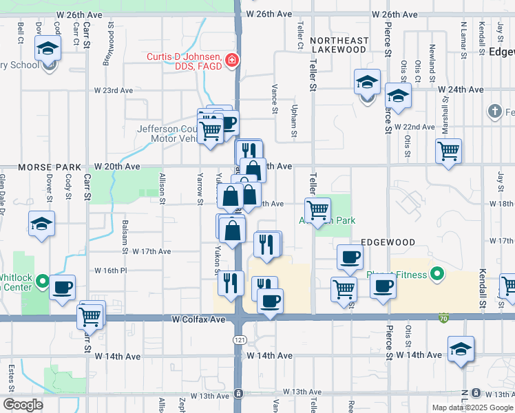 map of restaurants, bars, coffee shops, grocery stores, and more near 7420 West 19th Avenue in Lakewood