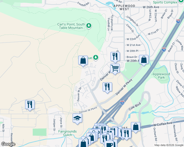 map of restaurants, bars, coffee shops, grocery stores, and more near 1886 Denver West Court in Golden