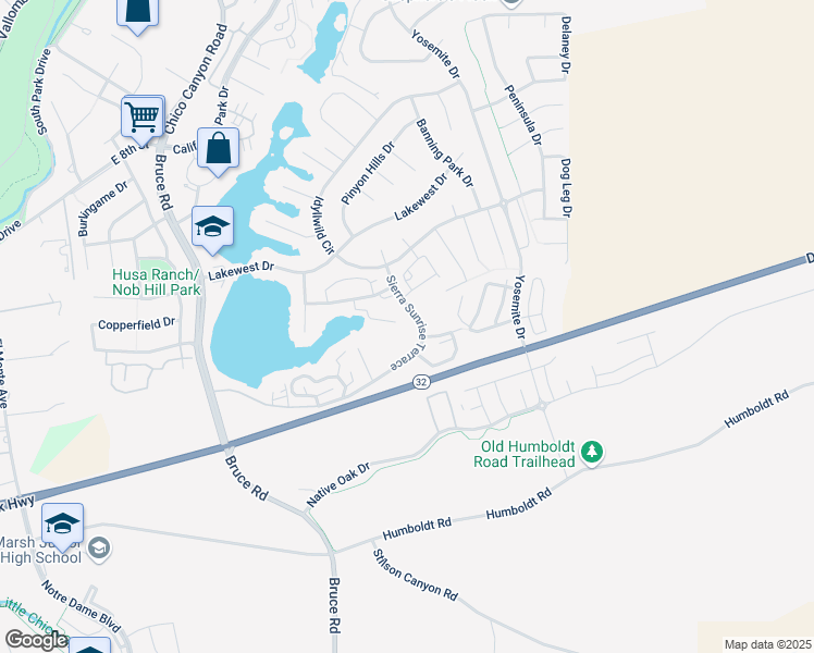 map of restaurants, bars, coffee shops, grocery stores, and more near 2850 Sierra Sunrise Terrace in Chico