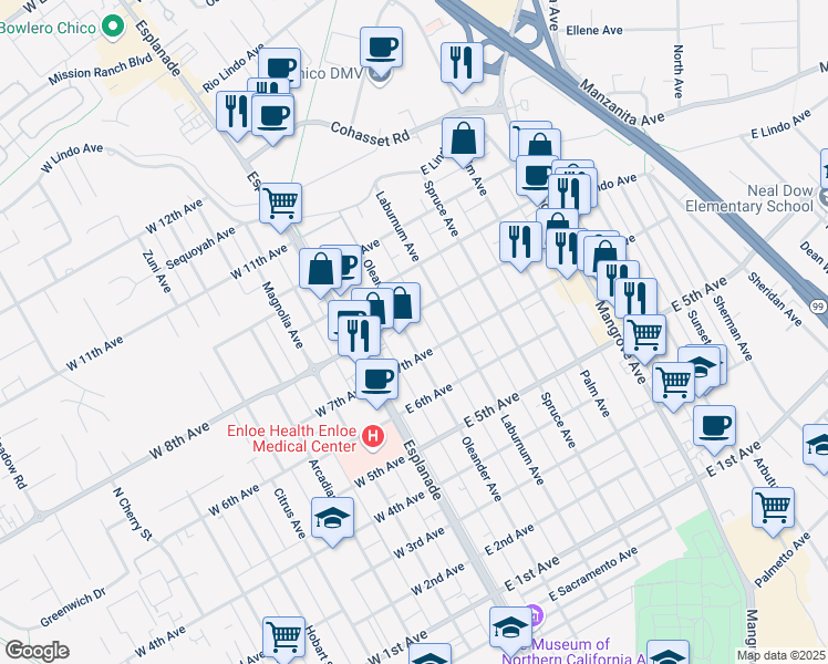 map of restaurants, bars, coffee shops, grocery stores, and more near 183 East 8th Avenue in Chico