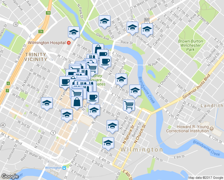 map of restaurants, bars, coffee shops, grocery stores, and more near in Wilmington
