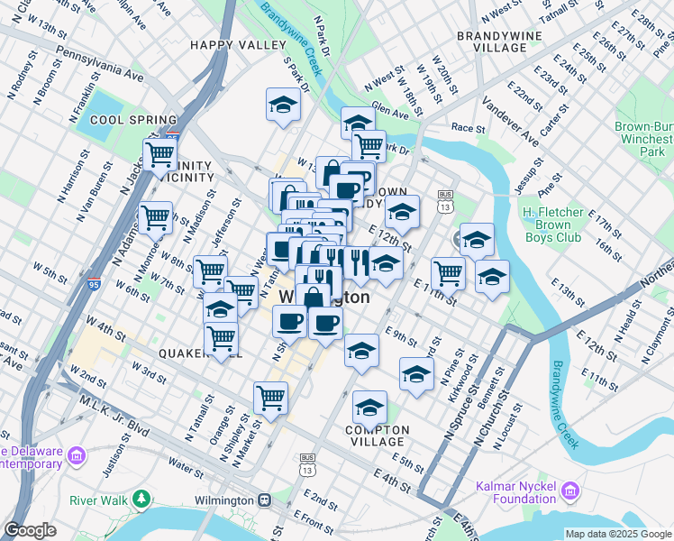 map of restaurants, bars, coffee shops, grocery stores, and more near 5 West 10th Street in Wilmington