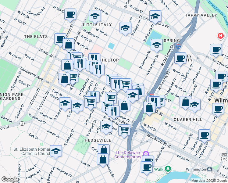 map of restaurants, bars, coffee shops, grocery stores, and more near 1232 North Franklin Street in Wilmington