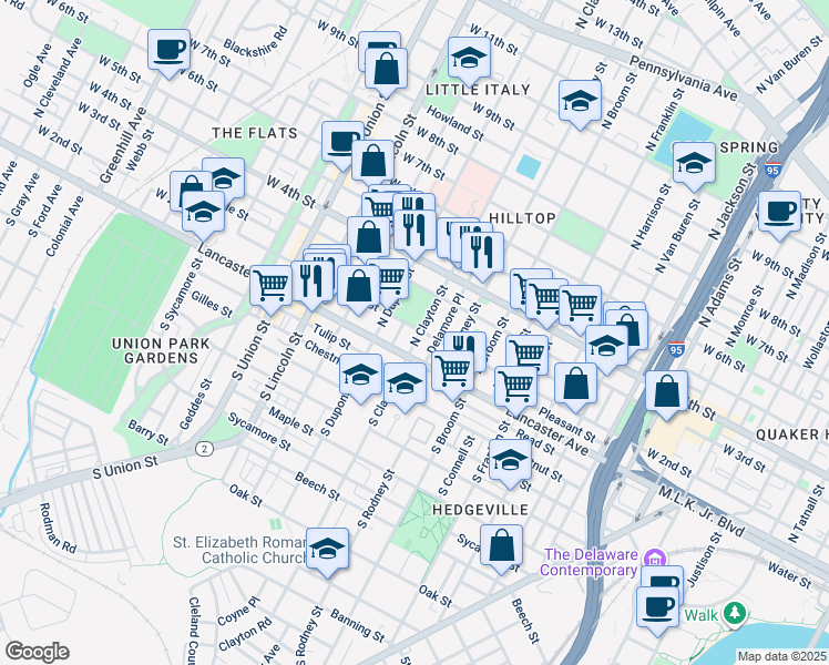 map of restaurants, bars, coffee shops, grocery stores, and more near 108 Ruth Street in Wilmington