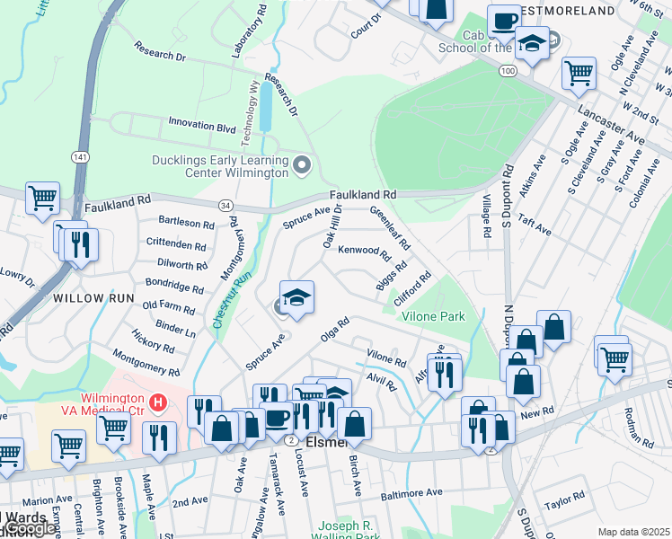 map of restaurants, bars, coffee shops, grocery stores, and more near 1414 Oak Hill Drive in Wilmington