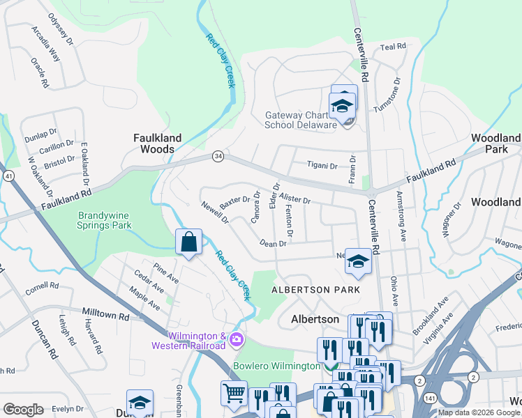 map of restaurants, bars, coffee shops, grocery stores, and more near 2203 Canora Drive in Wilmington