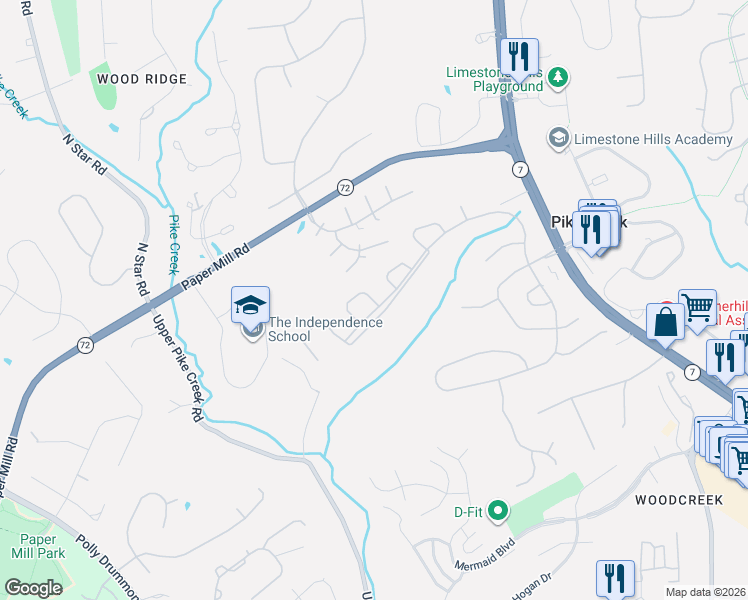 map of restaurants, bars, coffee shops, grocery stores, and more near 950 Glackens Lane in Wilmington