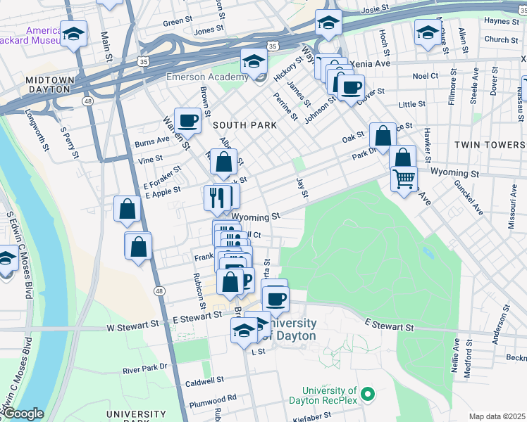map of restaurants, bars, coffee shops, grocery stores, and more near 309 Wyoming Street in Dayton