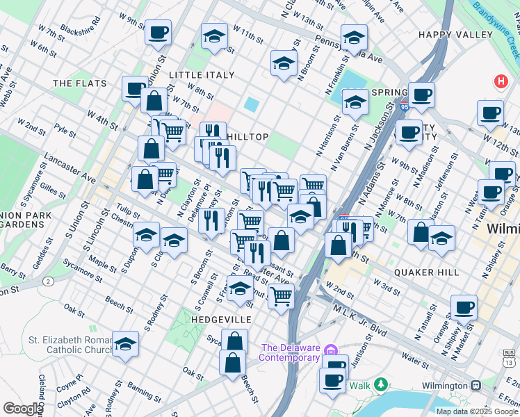 map of restaurants, bars, coffee shops, grocery stores, and more near 1308 West 4th Street in Wilmington