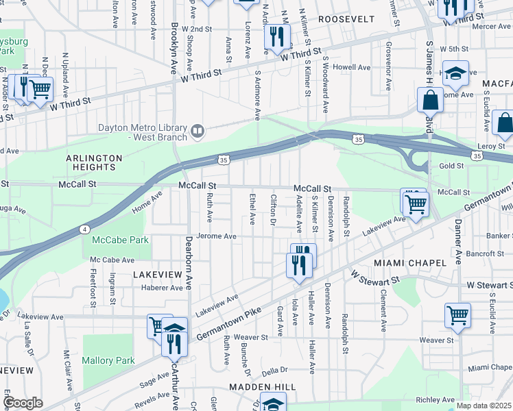 map of restaurants, bars, coffee shops, grocery stores, and more near 432 Ethel Avenue in Dayton