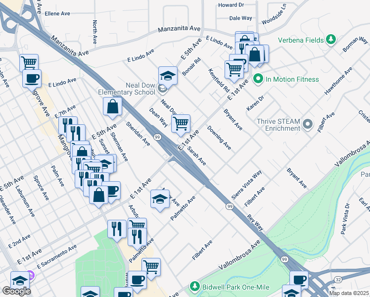 map of restaurants, bars, coffee shops, grocery stores, and more near 1087 Sarah Avenue in Chico