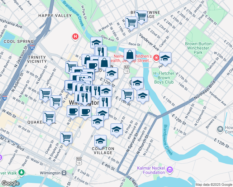 map of restaurants, bars, coffee shops, grocery stores, and more near in Wilmington
