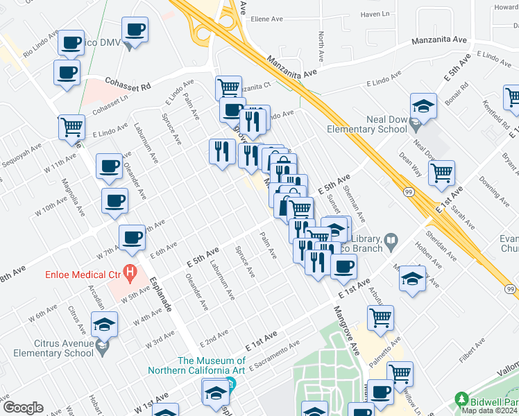 map of restaurants, bars, coffee shops, grocery stores, and more near 592 East 5th Avenue in Chico